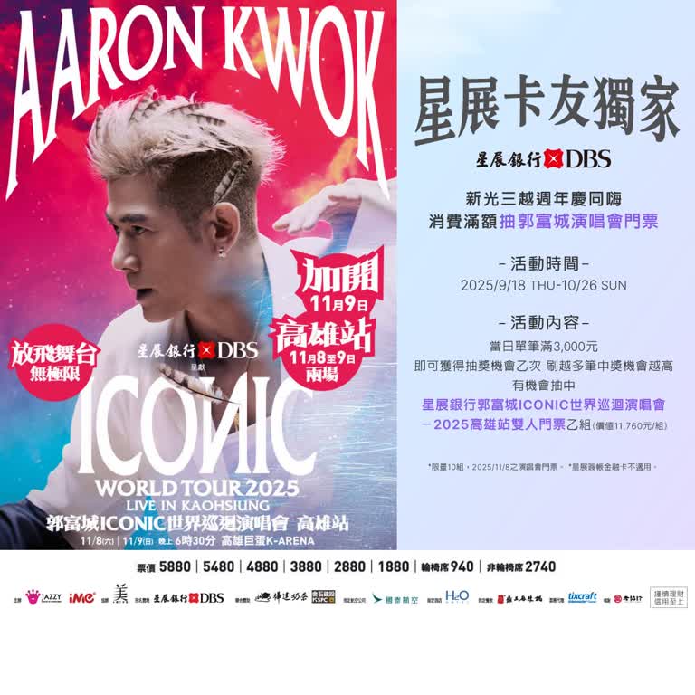 刷星展信用卡抽郭富城 ICONIC 世界巡迴演唱會－2025 高雄站雙人門票
