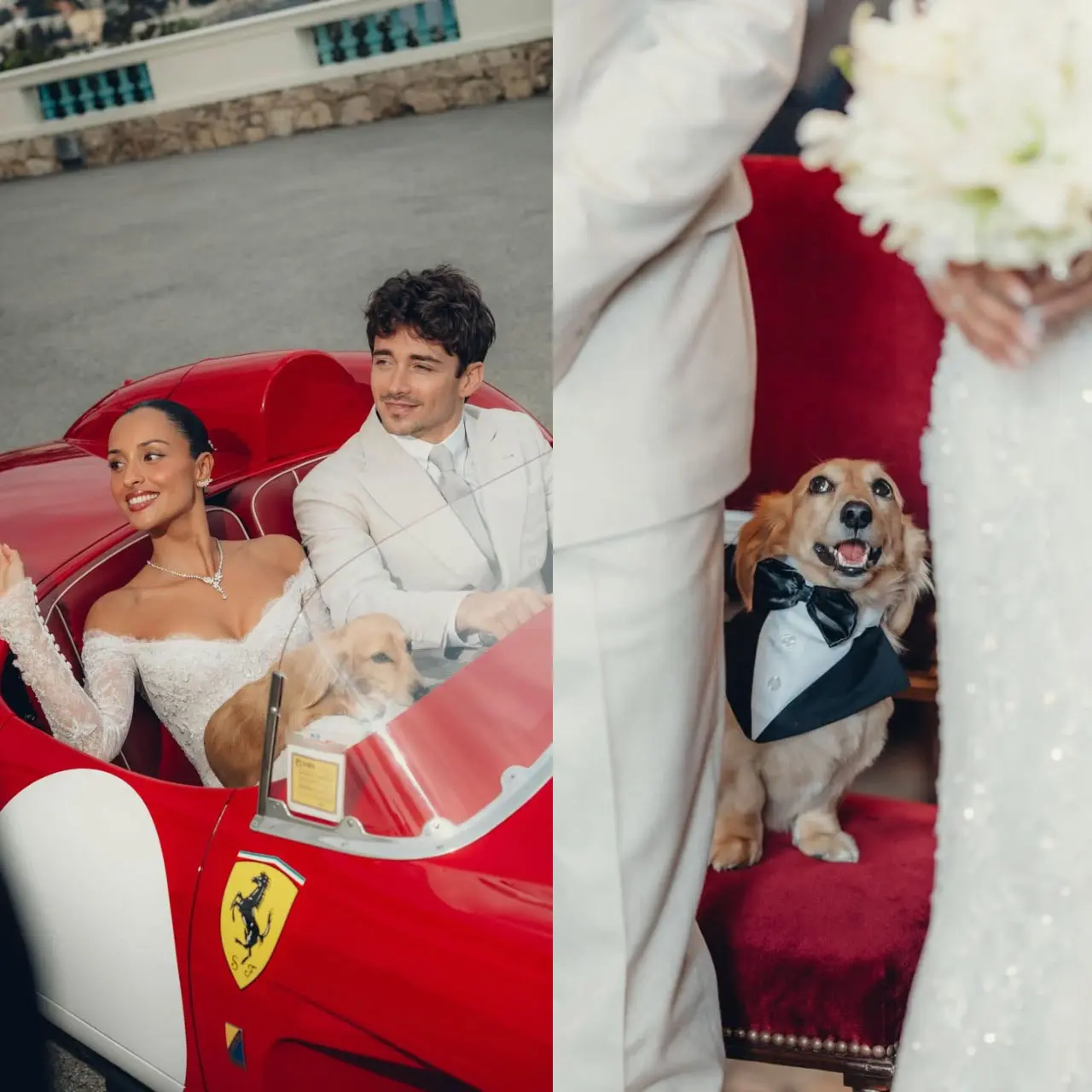 F1男神Charles Leclerc結婚了！開古董法拉利、超Q愛犬伴郎迎娶辣妻Alexandra，婚紗、西服、珠寶都值得參考