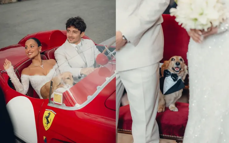 F1男神Charles Leclerc結婚了！開古董法拉利、超Q愛犬伴郎迎娶辣妻Alexandra，婚紗、西服、珠寶都值得參考