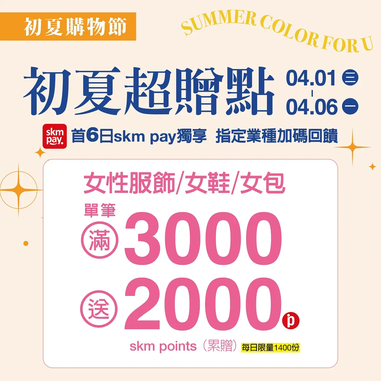 (2026初夏購物節)首六日 skm pay獨享 女性服飾/女鞋/女包加碼回饋